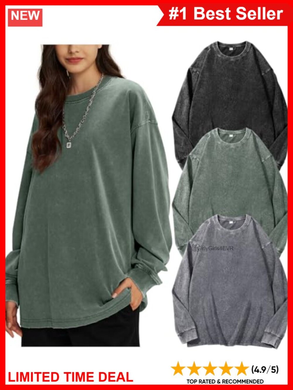 Oversized Long Sleeve T-Shirts 100% Cotton Acid Wash Unisex 3-Pack